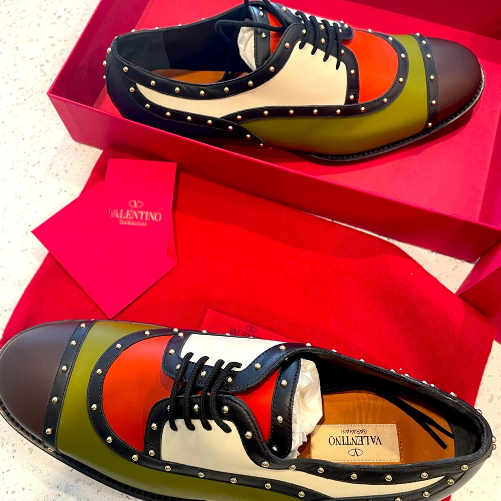 New Valentino Navy/Creme/Orange/Green Studded Colorblock Oxford Flats